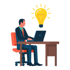 Businessman working behind a laptop comes to a good idea. New creative idea. Problem solution metaphor. Vector illustration flat design. Isolated on white background. Thinking processes.