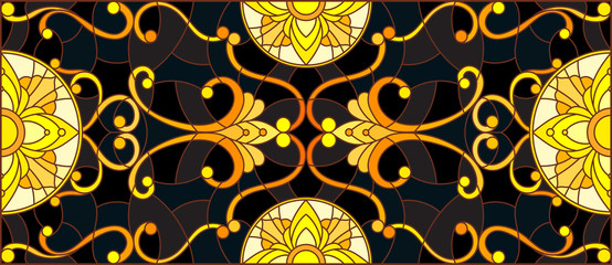 Illustration in stained glass style with floral ornament ,imitation gold on dark background with swirls and floral motifs