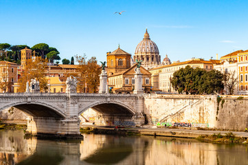 Tiber river streams, Ponte Vittorio Emanuele II bridge, flying seagulls and Rome cityscape view with St. Peter dome on the background