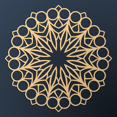 Laser cutting mandala. Golden floral pattern. Oriental silhouette ornament. Vector coaster design.