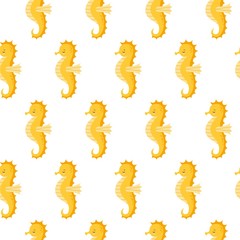 Vector seamless pattern with cute yellow sea horse on white background.