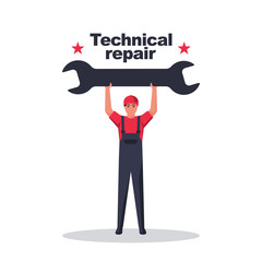 Repairman holding big wrench in hand. Home repair. Technical assistance. Vector illustration flat design. Isolated on white background. Worker customer service.