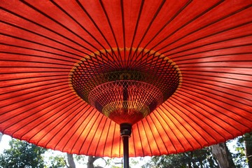 A big red umbrella used for directing the atmosphere of the shrine is called "Nodategasa" in Japan.