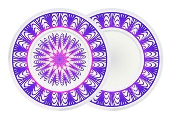 Set of 2 matching decorative plates for interior design with mandala floral ornament. Empty dish, porcelain plate mock up design. Vector illustration. Purple gradient color