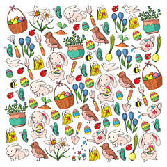 Easter vector illustration. Spring design for patterns. Holiday decoration for greeting cards. Rabbit, bunny character, eggs, flowers, seasonal elements.