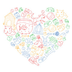 Pet shop. Vector illustration with animals, dog, cat, fish, Colorful background with kitten, bird, puppy. Veterinarian clinic.