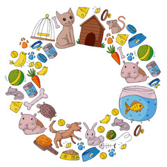 Pet shop. Vector illustration with animals, dog, cat, fish, Colorful background with kitten, bird, puppy. Veterinarian clinic.