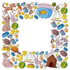Obraz premium Pet shop. Vector illustration with animals, dog, cat, fish, Colorful background with kitten, bird, puppy. Veterinarian clinic.
