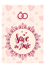 Save the Date, lettering. Wedding invitation card. Beautiful template. Floral frame, border. Rings. Vector illustration