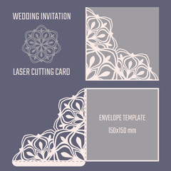 DIY laser cutting vector envelope. Wedding die cut invitation template. Cutout silhouette card. Scrapbook carved paperwork. Floral layout.