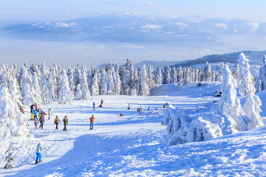 Szczyrk, Poland. Winter view of Skrzyczne peak in  Beskid Mountains