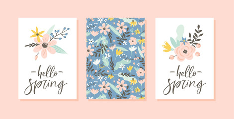 Spring card set with handwritten modern brush calligraphy, flowers, pattern. Floral design concept for greeting cards, scrapbook, poster, cover, tag, invitation. Hand drawn style.