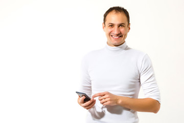 Happy man with smartphone on white background