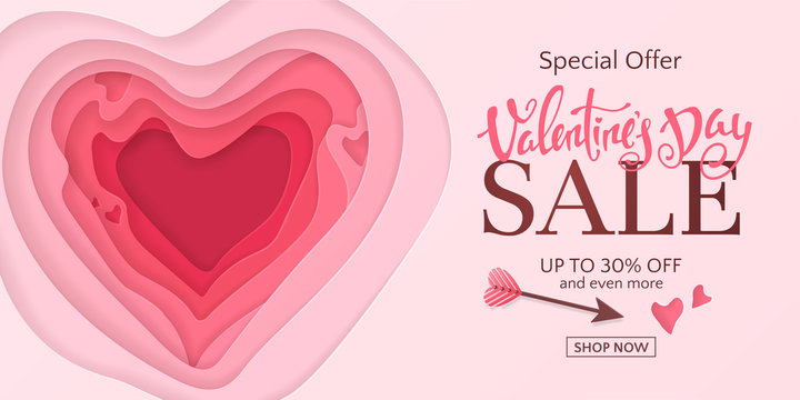 Vector romantic template of sale horizontal banner for Valentine’s Day with cut out paper heart, arrow and text. Holiday pink background with 3D realistic carving art for flyers with discount offers.