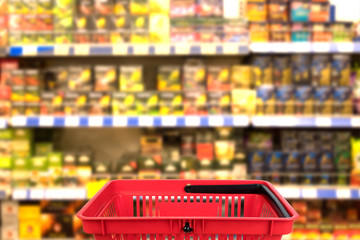 Abstract blurred photo of store with basket in department store bokeh background. business concept.