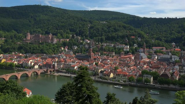View from Philosophenweg to Heidelberg with Neckar River, Castle and Old Bridge, Heidelberg, Baden-Wurttemberg, Germany, Europe