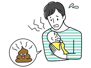 ウンチして泣く赤ちゃんと困ったパパ