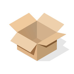 A miniature 3D box in an open version of light brown cardboard. Object on a white background with a flat shadow for icons, ads, banners, filling sites. Isometric style.