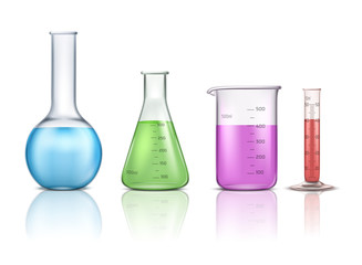 Laboratory glassware 3d realistic vector set isolated on white background. Graduated lab tube, beaker and flask filled different colors liquids illustration. Equipment for chemical test collection