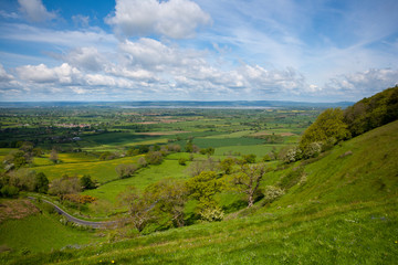 Coaley Peak viewpoint view over The Severn Vale from the Cotswold escarpment near Nympsfield,...