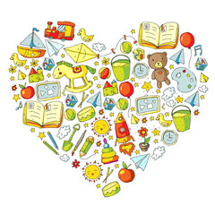Kindergarten with toys. Pattern for children. Little preschool kids education. Drawing, learning, play