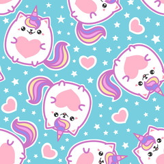 Seamless pattern. Cute cat unicorn with a heart on a blue background. For the design of fabrics, wrapping paper, wallpaper and so on. Vector
