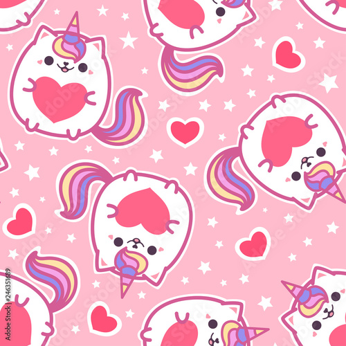 Seamless Pattern Cute Cat Unicorn With A Heart On A Pink