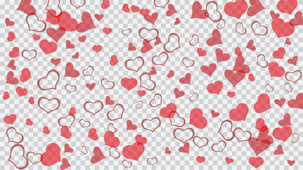 Part of the design of wallpaper, textiles, packaging, printing, holiday invitation for Valentine's Day. Red on Transparent background Vector. Happy background. Red hearts of confetti crumbled.