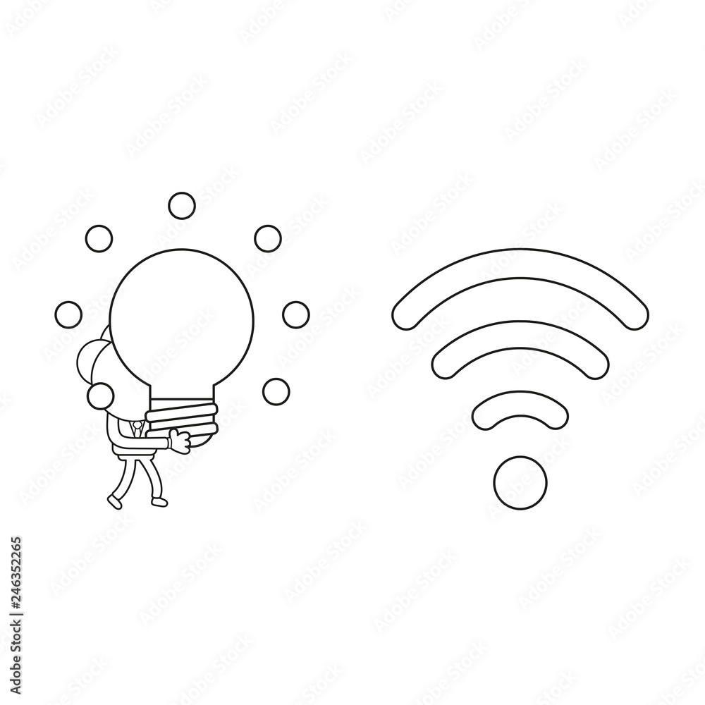 Poster vector businessman character walking and carrying glowing light bulb idea to wireless wifi with low 