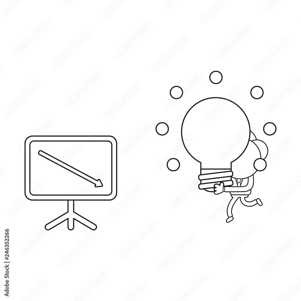 Poster vector businessman character running and carrying glowing light bulb idea to sales chart moving down