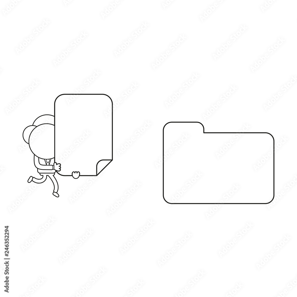 Poster vector businessman character running and carrying blank paper to closed file folder. black outline.