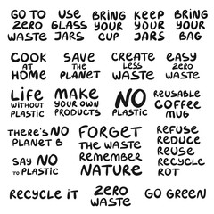 Set of hand drawn phrases on a theme Zero waste