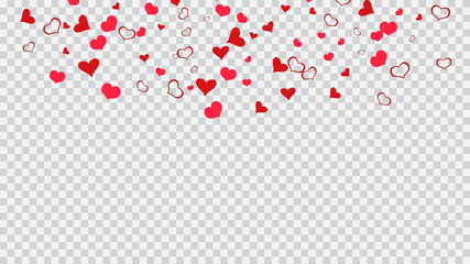 Red on Transparent fond Vector. Stylish background. Design element for wallpaper, textiles, packaging, printing, holiday invitation for Valentine's Day. Red hearts of confetti are falling.