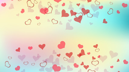 Red on Gradient background Vector. Stylish background. The idea of wallpaper design, textiles, packaging, printing, holiday invitation for wedding. Red hearts of confetti are flying.