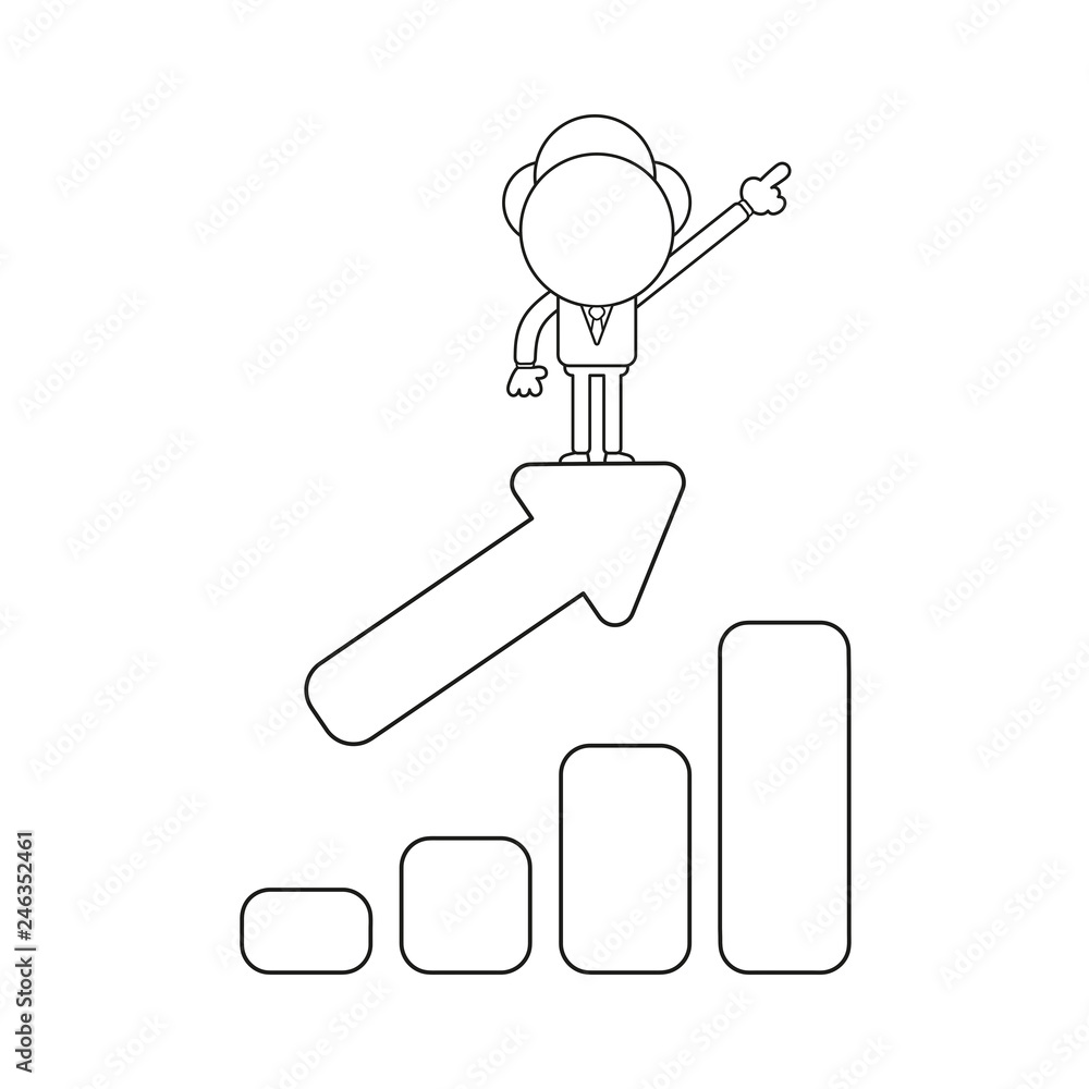 Poster vector businessman character pointing up and standing on sales chart arrow moving up. black outline.