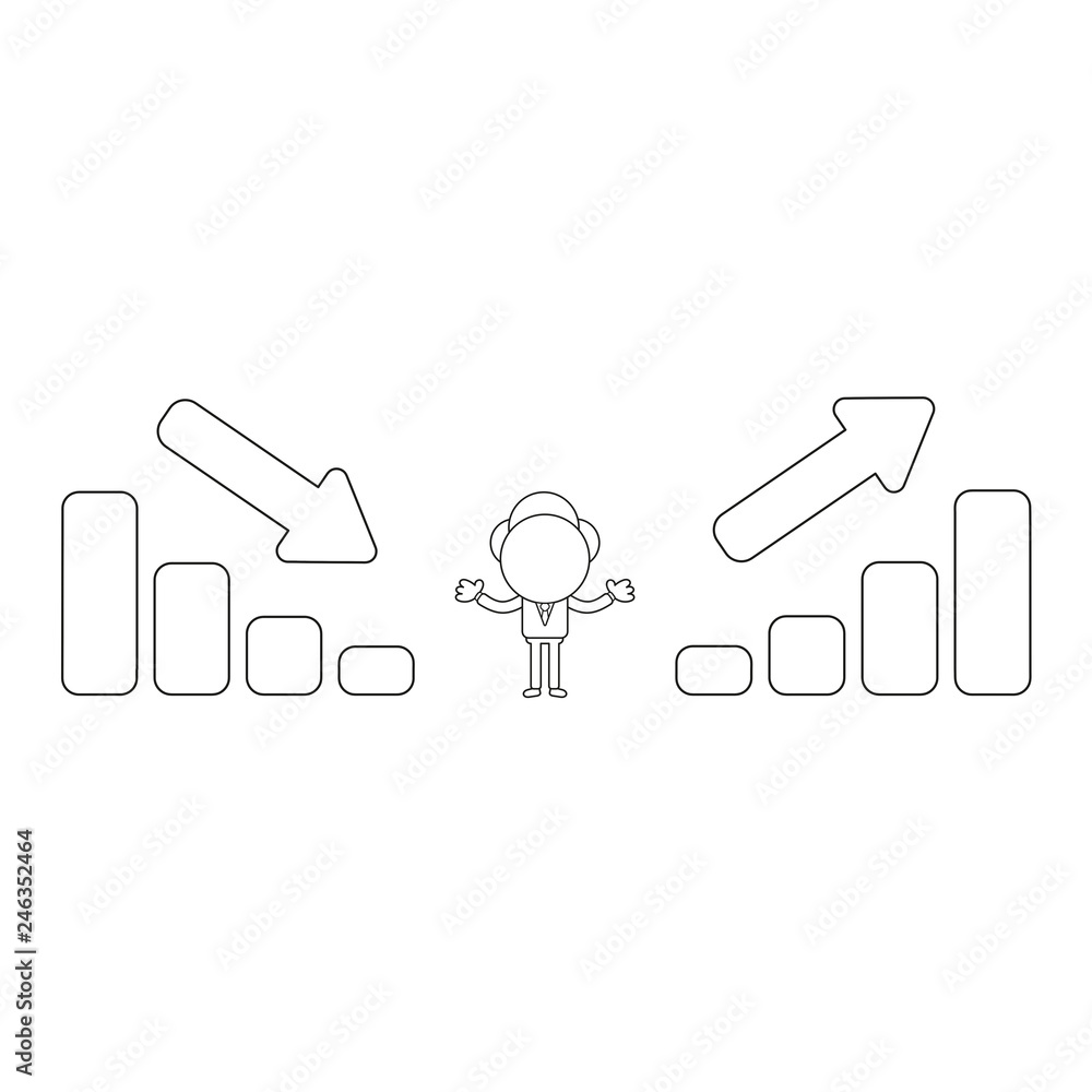 Poster vector businessman character between sales bar charts moving down and up. black outline.