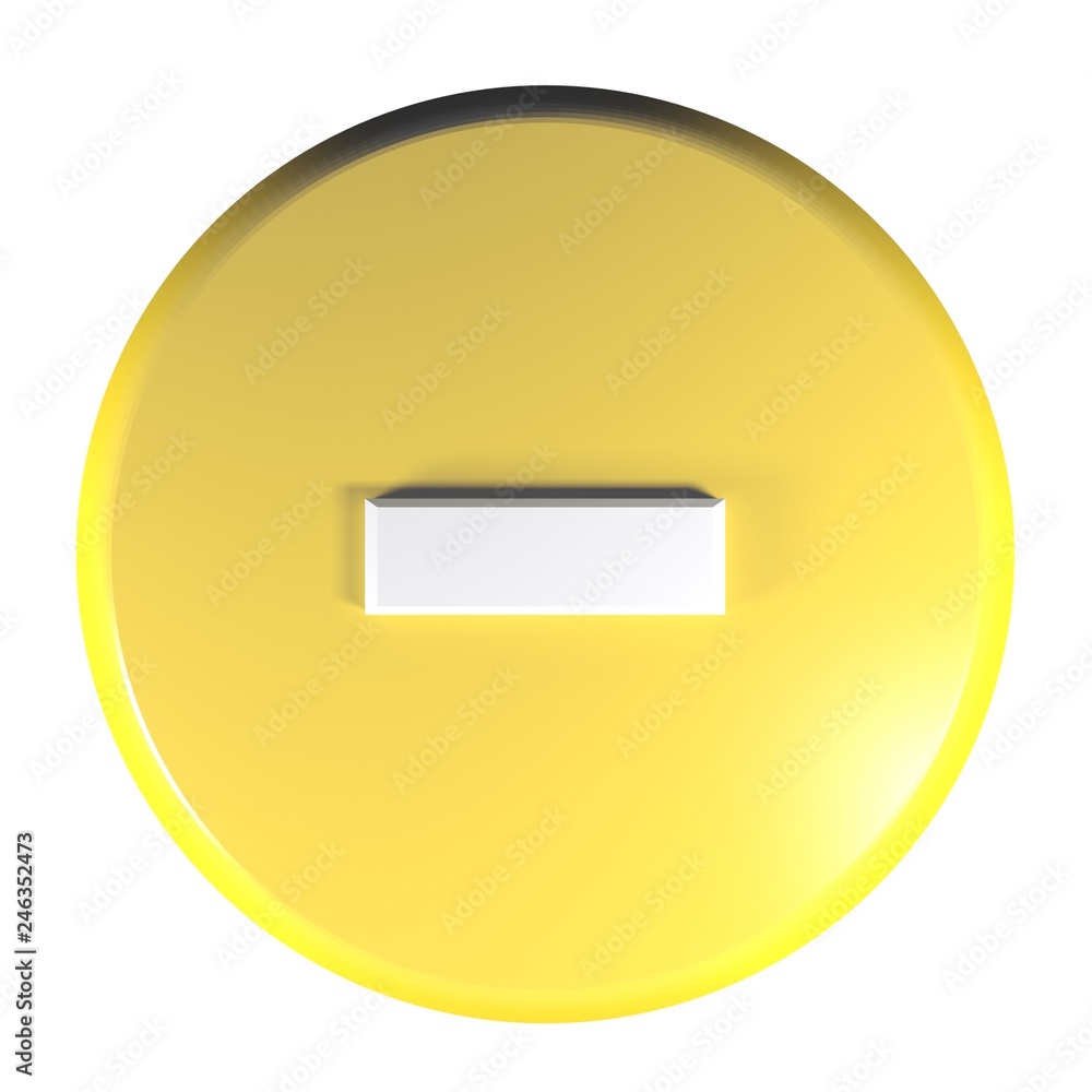 Poster yellow circle push button with the sign - for the subtraction operation - 3d rendering illustration