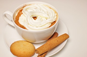 Close up of a hot cup of cappuccino with biscuits and cinnamon stick as decoration. 
