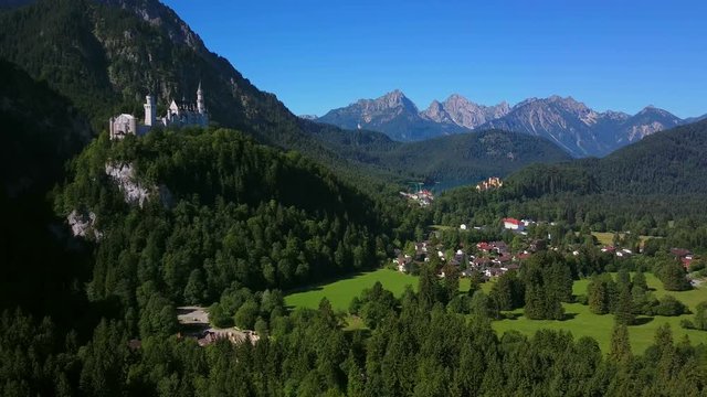 Aerial view of Neuschwanstein and Hohenschwangau Castles near Schwangau, Allgau, Swabia, Bavaria, Germany, Europe