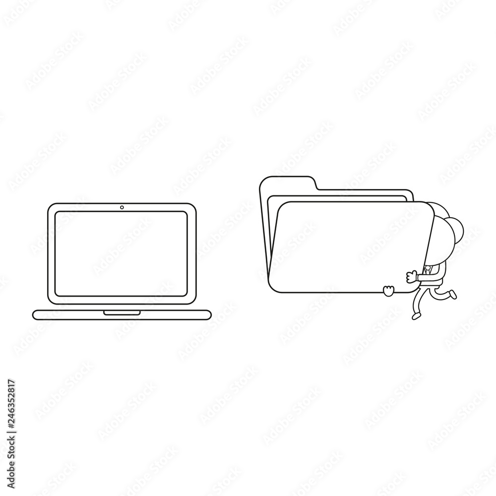 Poster vector businessman character walking and carrying open file folder to laptop computer. black outline