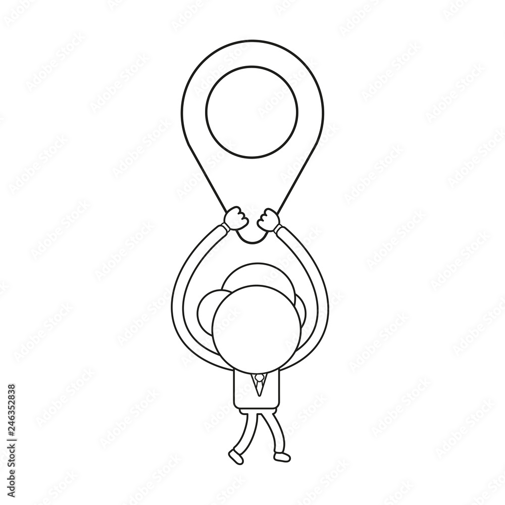 Aufkleber vector businessman character walking and holding up map pointer. black outline.
