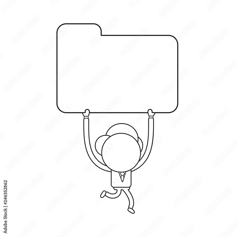 Poster vector businessman character running and carrying closed file folder. black outline.