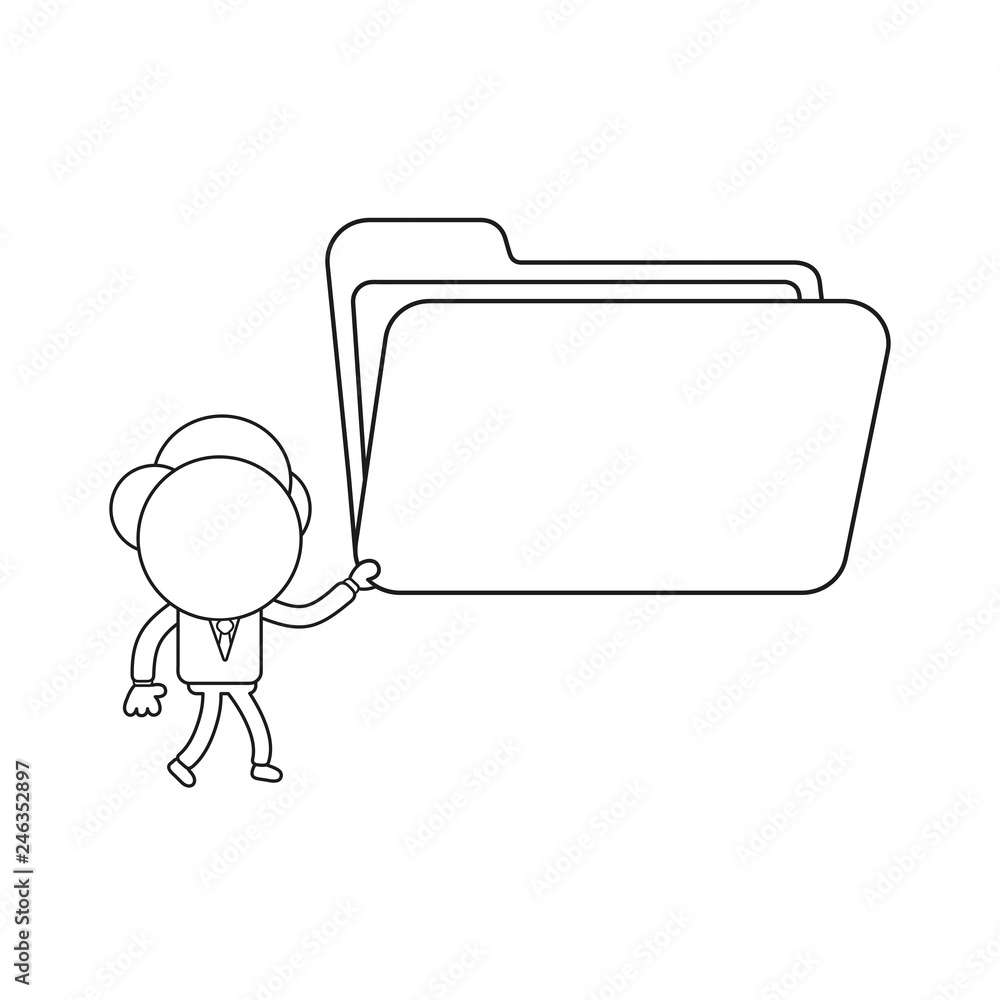 Poster vector businessman character walking and holding open file folder. black outline.