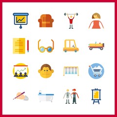 16 sitting icon. Vector illustration sitting set. kid car and sit down icons for sitting works