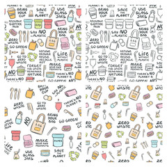 Hand drawn seamless patterns of zero waste