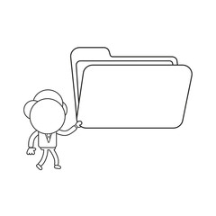 Vector businessman character walking and holding open file folder. Black outline.