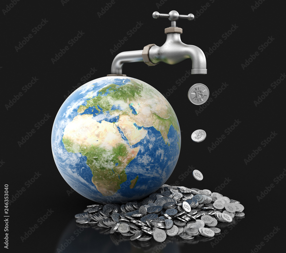 Poster 3d globe and faucet with silver bitcoin. image with clipping path