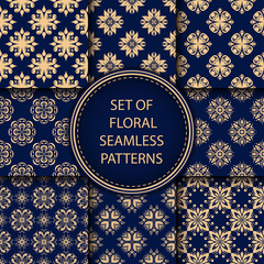 Compilation of floral patterns. Golden design with flowers on dark blue background