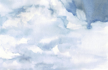 blue sky with a variety of light clouds, watercolor