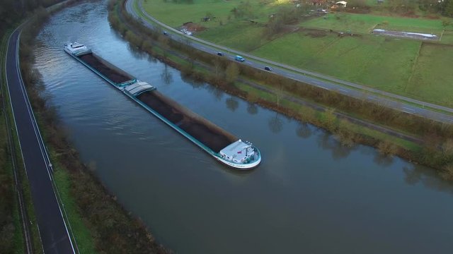 Aerial view of a cargo vessel on Saar River near Serrig, Saar Valley, Rhineland-Palatinate, Germany, Europe